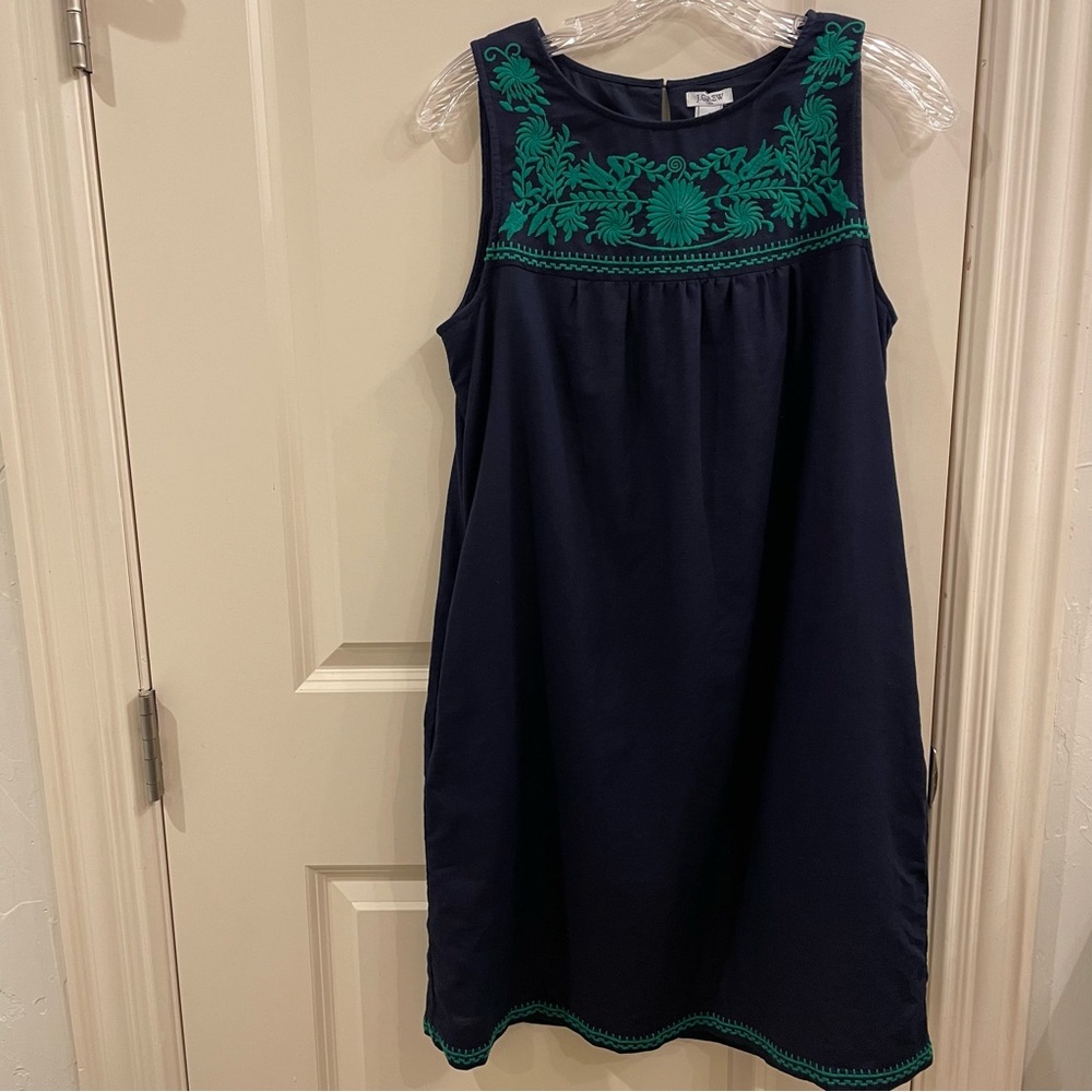 J. Crew Factory Navy & Green Embroidered Sleeveless Linen Blend Shift Dr…